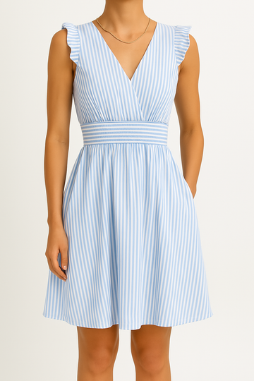 Women’s Midi Dress – A-Line Fit – Stripe Print – Flutter Sleeve – V-Neck – Cinched Waist