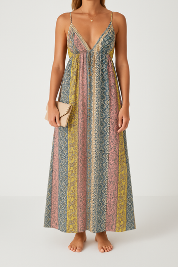 Women’s Maxi Dress – Cotton Blend – V-Neck – Open Back – Flowy Printed Design