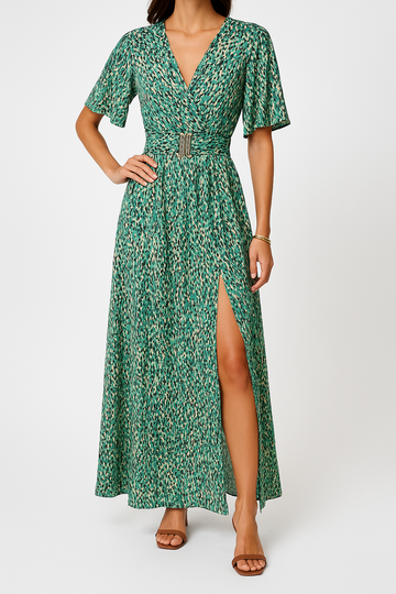 Women’s Maxi Dress – V-Neck Wrap – Belted Waist – Short Sleeve – Side Slit Flowy Fit