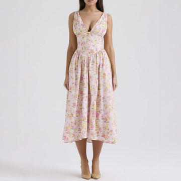 Women’s Sleeveless V-Neck Dress – A-Line Fit – Floral Print – Lightweight Midi