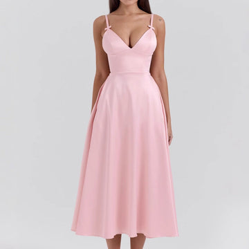 Women’s Satin Dress – V-Neck – Spaghetti Straps – Fitted Bodice – A-Line Midi Length