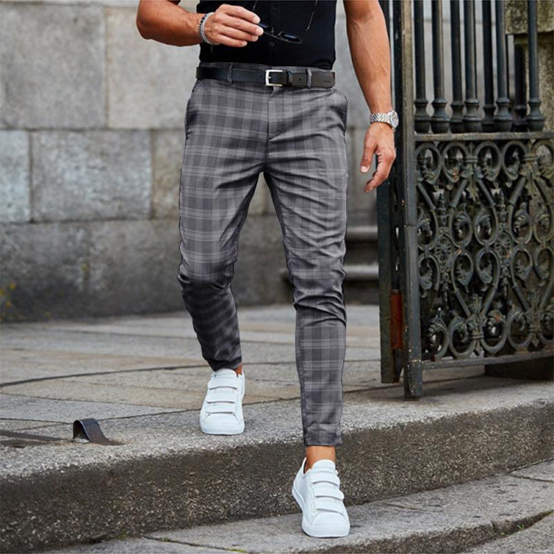 Men's plaid print mid-waist pants