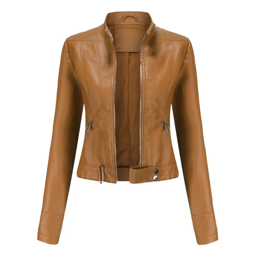 Women's leather jacket with zip pockets