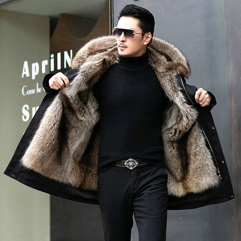 Mid-length parka fur jacket for men