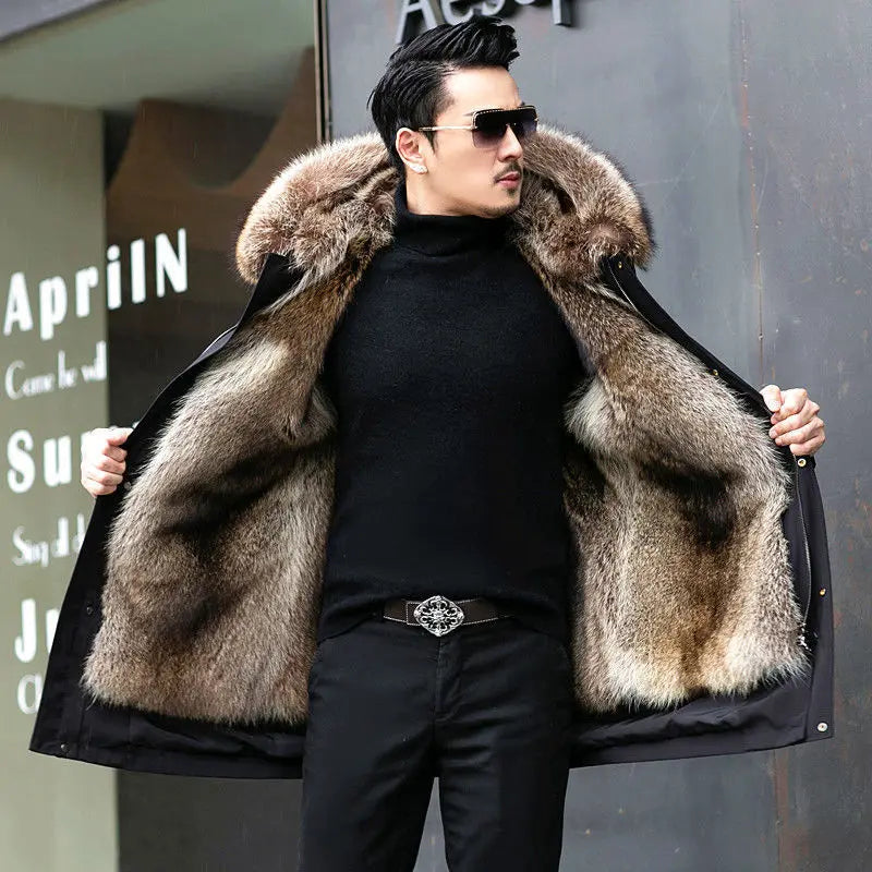 Mid-length parka fur jacket for men