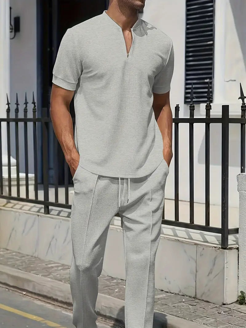 Men's waffle stand collar shirt and trouser set