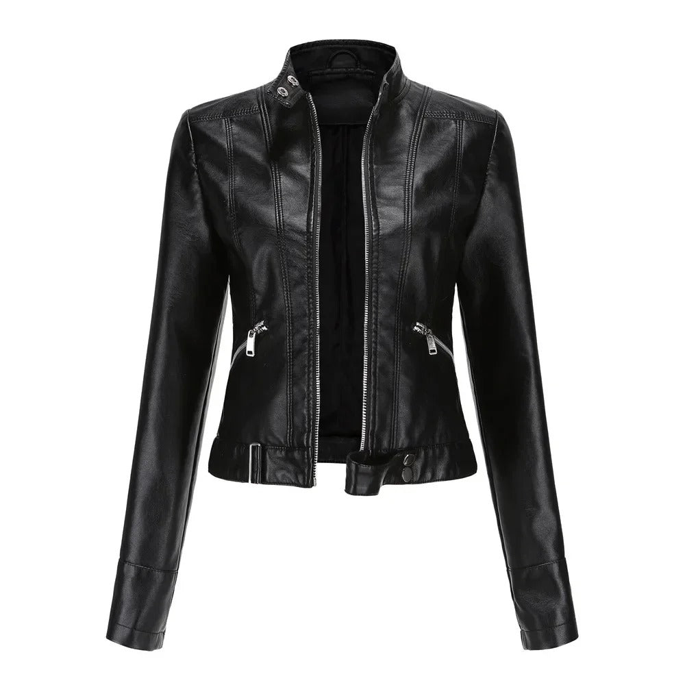 Women's leather jacket with zip pockets