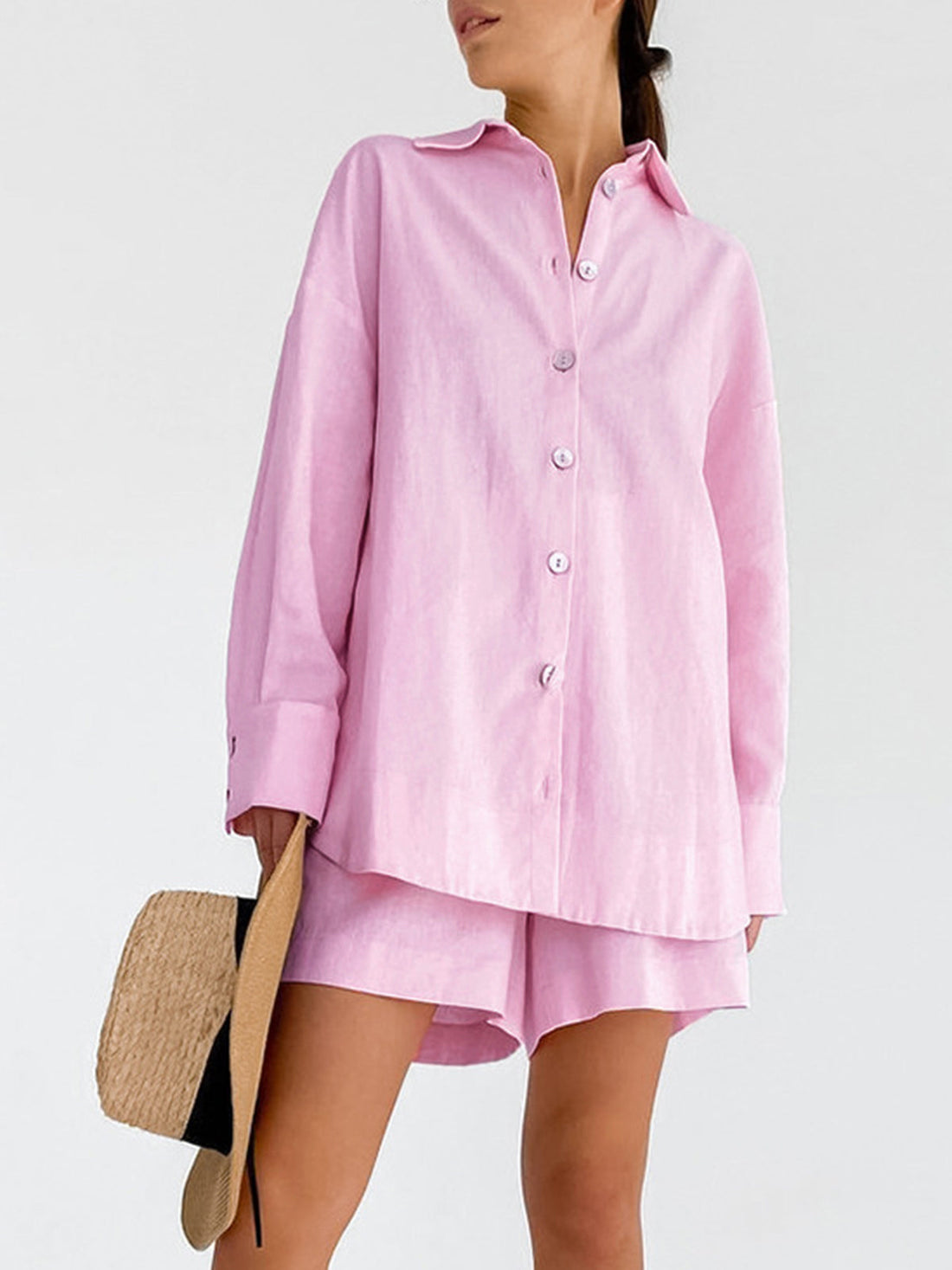 Women's loose long sleeve shirt and shorts set