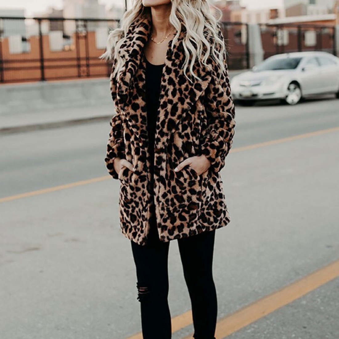 Women's leopard print collar fur coat