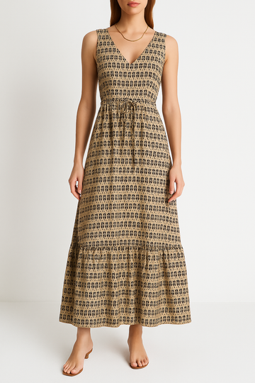 Women’s Midi Dress – Sleeveless Boho Print – V-Neck Tiered Hem – Waist Tie Flowy Fit