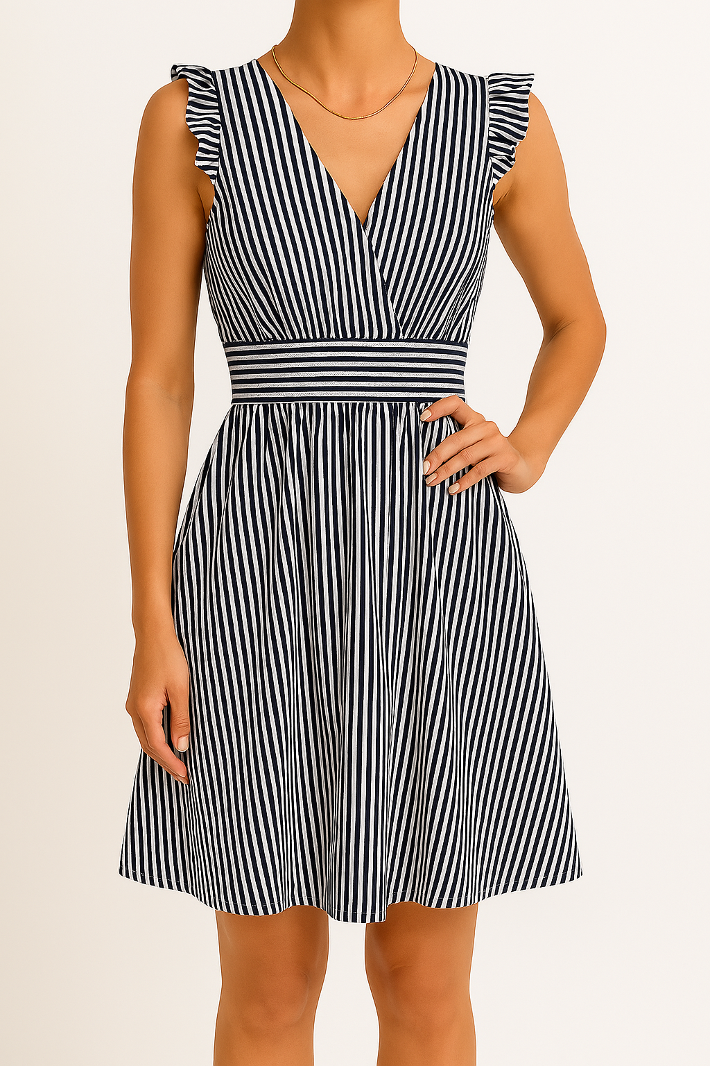 Women’s Midi Dress – A-Line Fit – Stripe Print – Flutter Sleeve – V-Neck – Cinched Waist