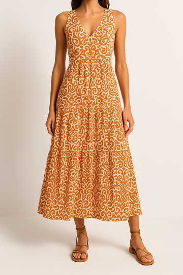 Women’s Midi Dress – Sleeveless V-Neck – Relaxed Fit – Abstract Print – Tiered A-Line