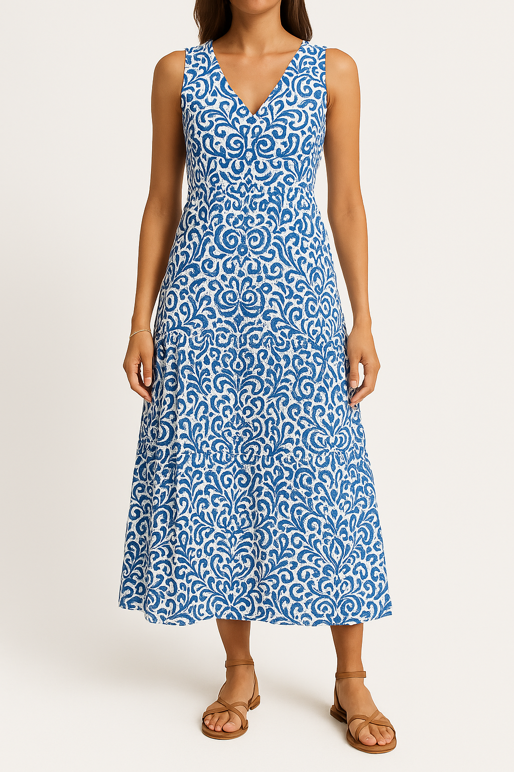 Women’s Midi Dress – Sleeveless V-Neck – Relaxed Fit – Abstract Print – Tiered A-Line