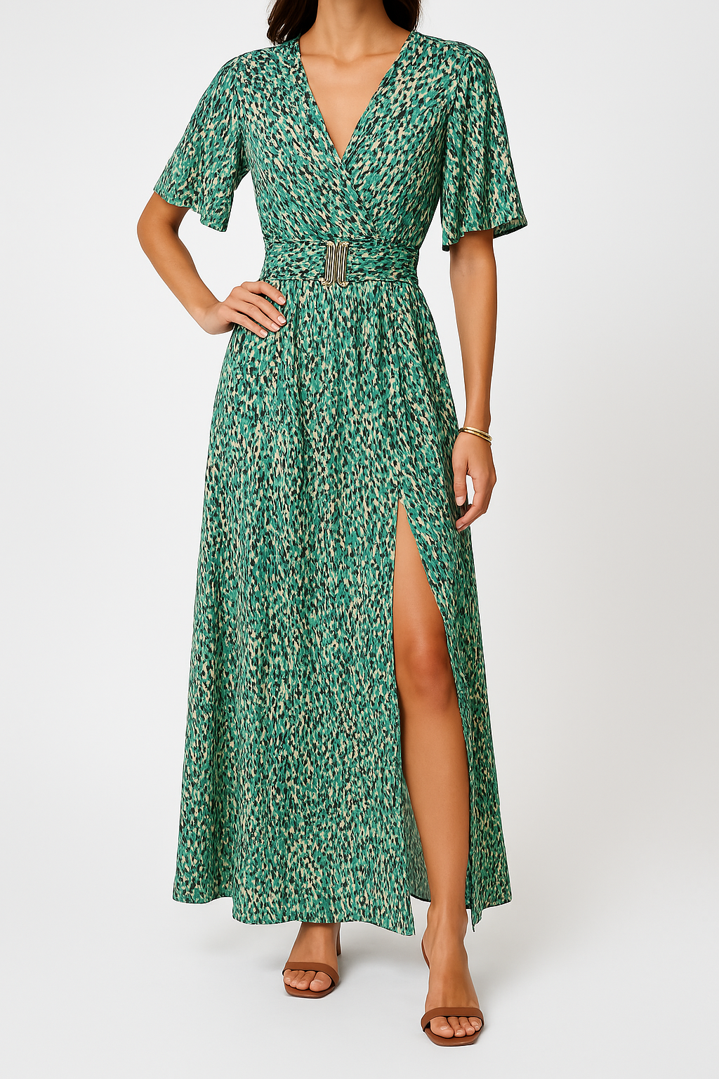 Women’s Maxi Dress – V-Neck Wrap – Belted Waist – Short Sleeve – Side Slit Flowy Fit