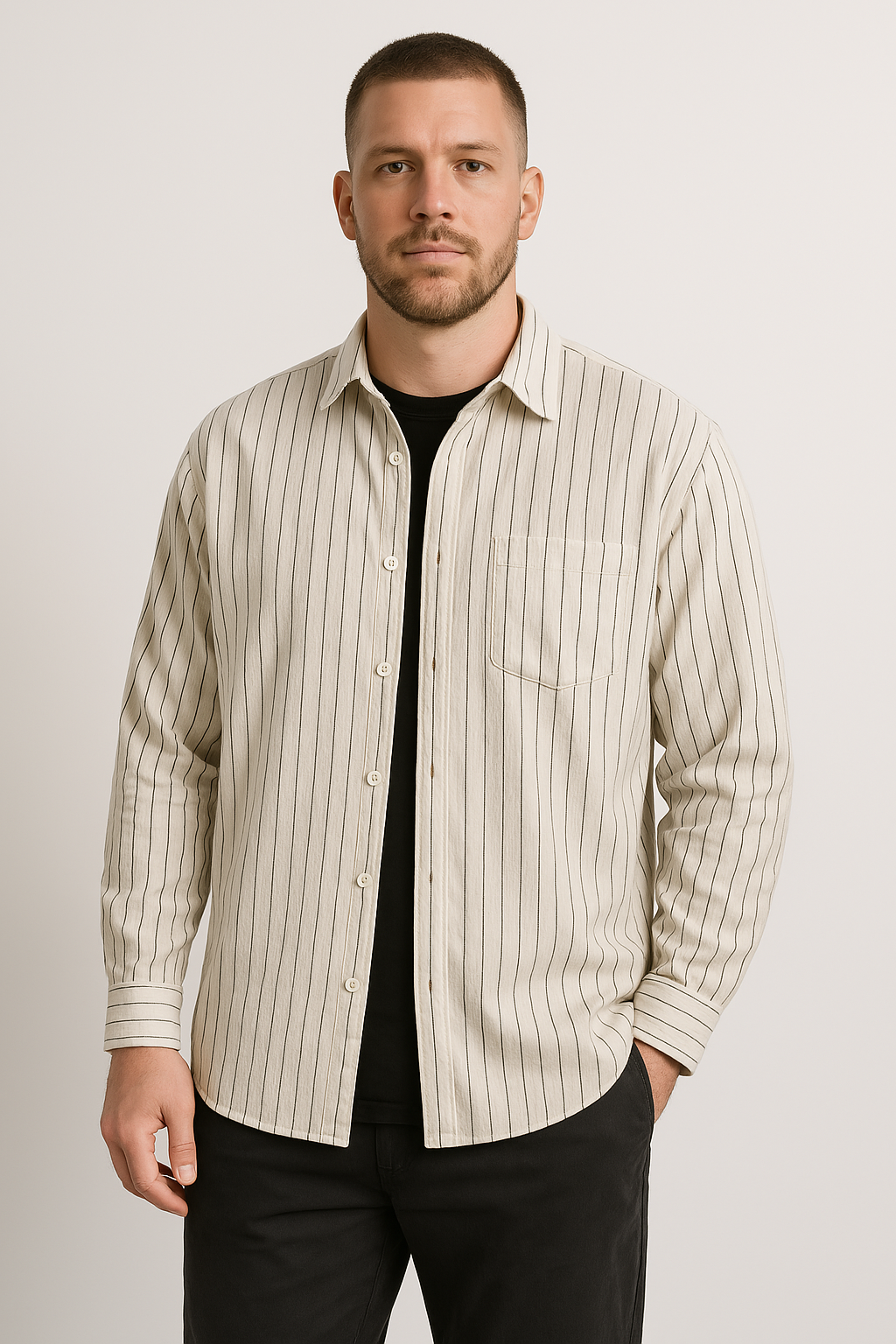 Men’s Long Sleeve Shirt – Relaxed Fit – Striped – Breathable Cotton Casual Wear