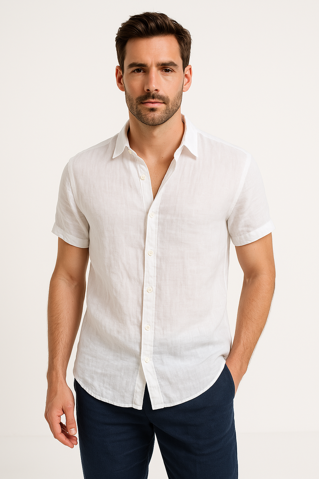 Men’s Button-Down Shirt – Linen Blend – Relaxed Fit – Short Sleeve – Casual Wear