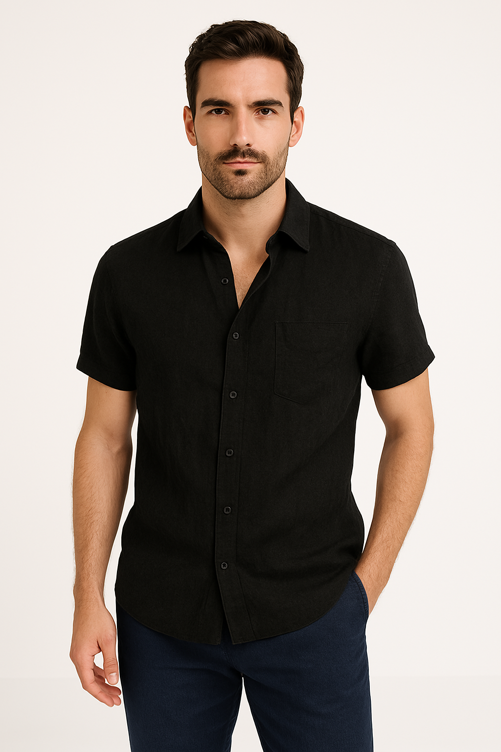 Men’s Button-Down Shirt – Linen Blend – Relaxed Fit – Short Sleeve – Casual Wear