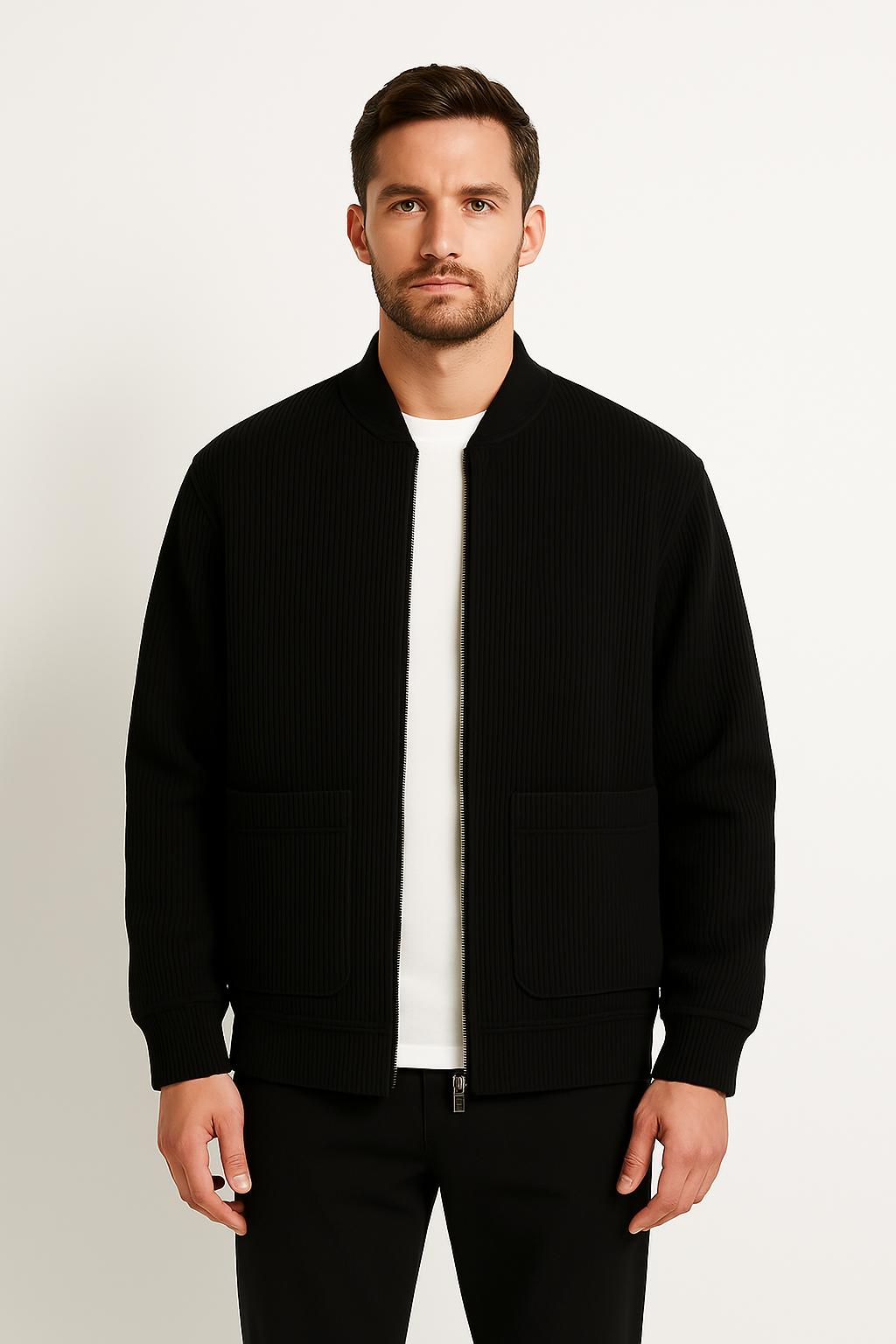 Men’s Corduroy Jacket – Relaxed Fit – V-Neck Zip Front – Ribbed Texture – Patch Pockets