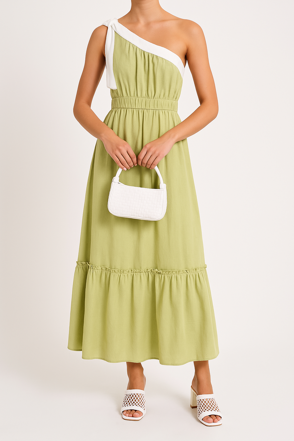 Women’s One-Shoulder Dress – Cotton Blend – A-Line Fit – Tiered Ruffle Hem – Midi Length