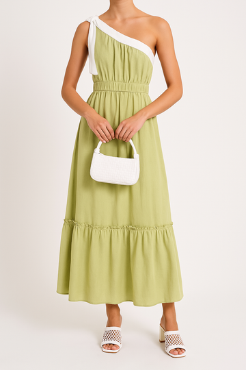Women’s One-Shoulder Dress – Cotton Blend – A-Line Fit – Tiered Ruffle Hem – Midi Length