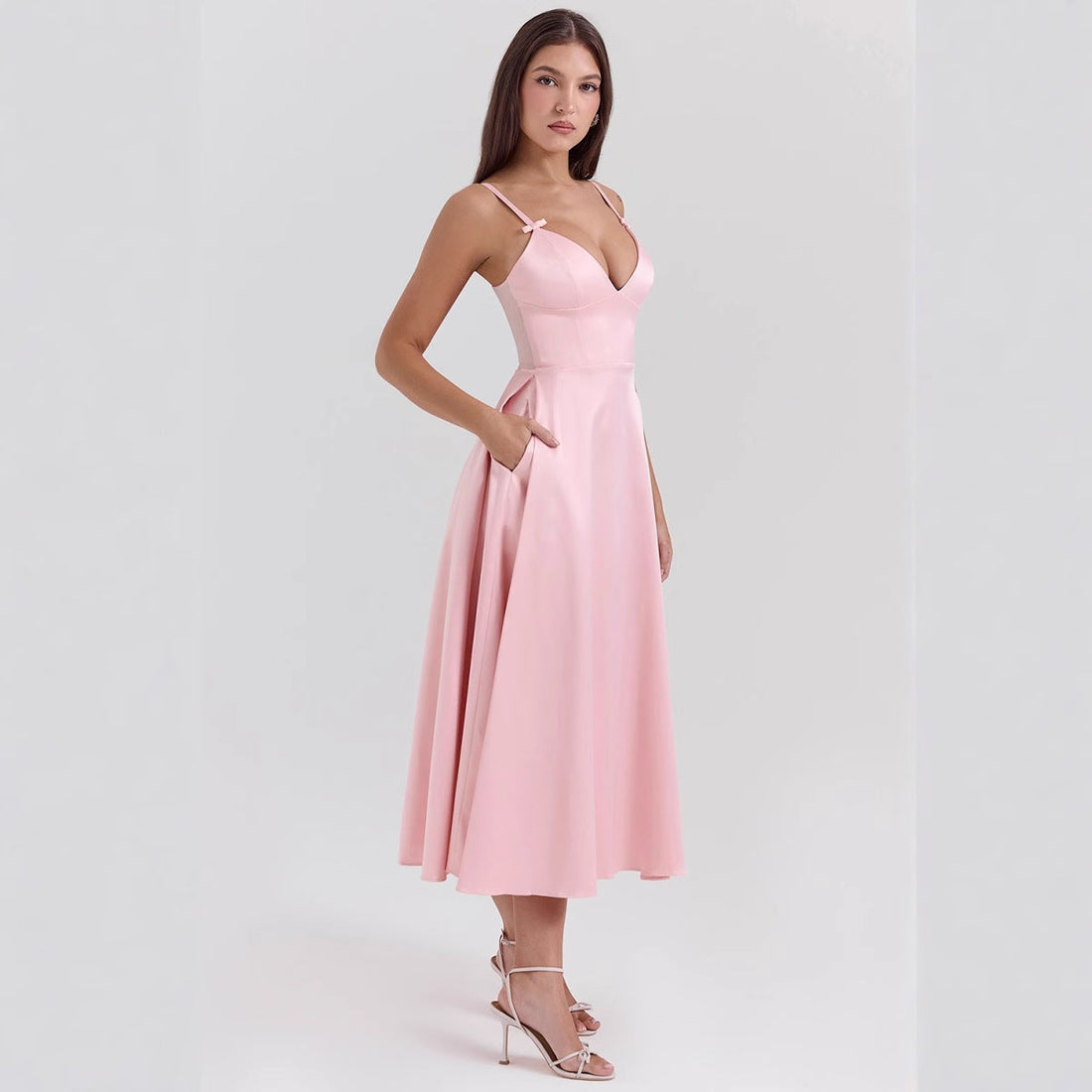 Women’s Satin Dress – V-Neck – Spaghetti Straps – Fitted Bodice – A-Line Midi Length