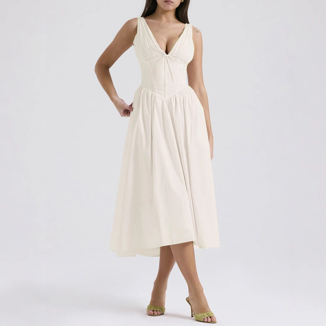 Women’s Sleeveless V-Neck Dress – A-Line Fit – Floral Print – Lightweight Midi