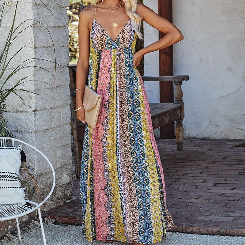 Women’s Maxi Dress – Cotton Blend – V-Neck – Open Back – Flowy Printed Design