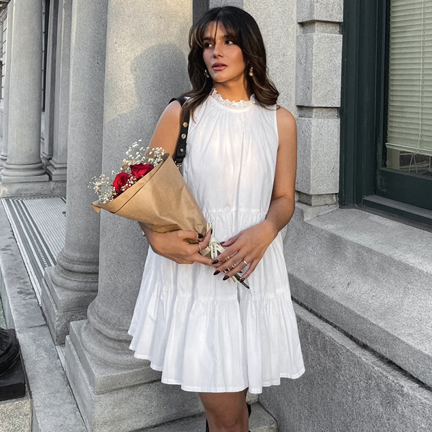 Women’s A-Line Dress – Sleeveless Loose Fit – Tiered Hem – Ruffled Neckline – Lightweight