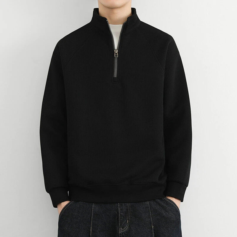 Men’s Half-Zip Sweatshirt – Ribbed Knit – Relaxed Fit – Stand Collar Pullover
