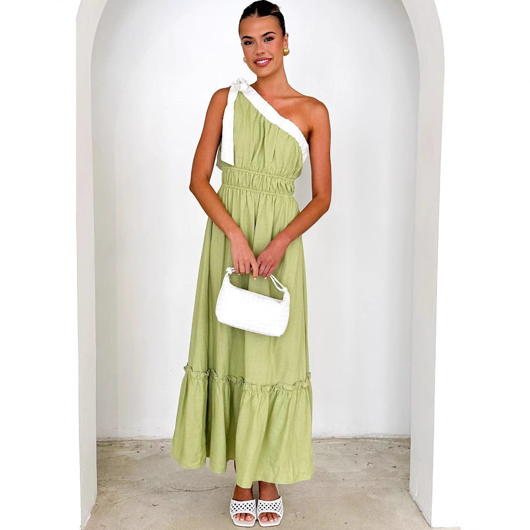 Women’s One-Shoulder Dress – Cotton Blend – A-Line Fit – Tiered Ruffle Hem – Midi Length