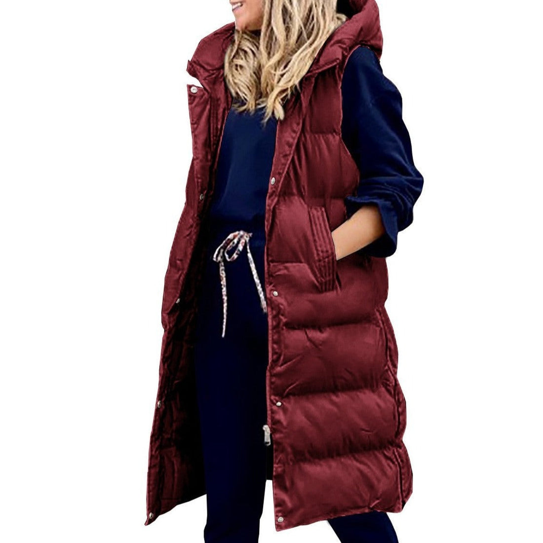 Women's quilted long hooded vest